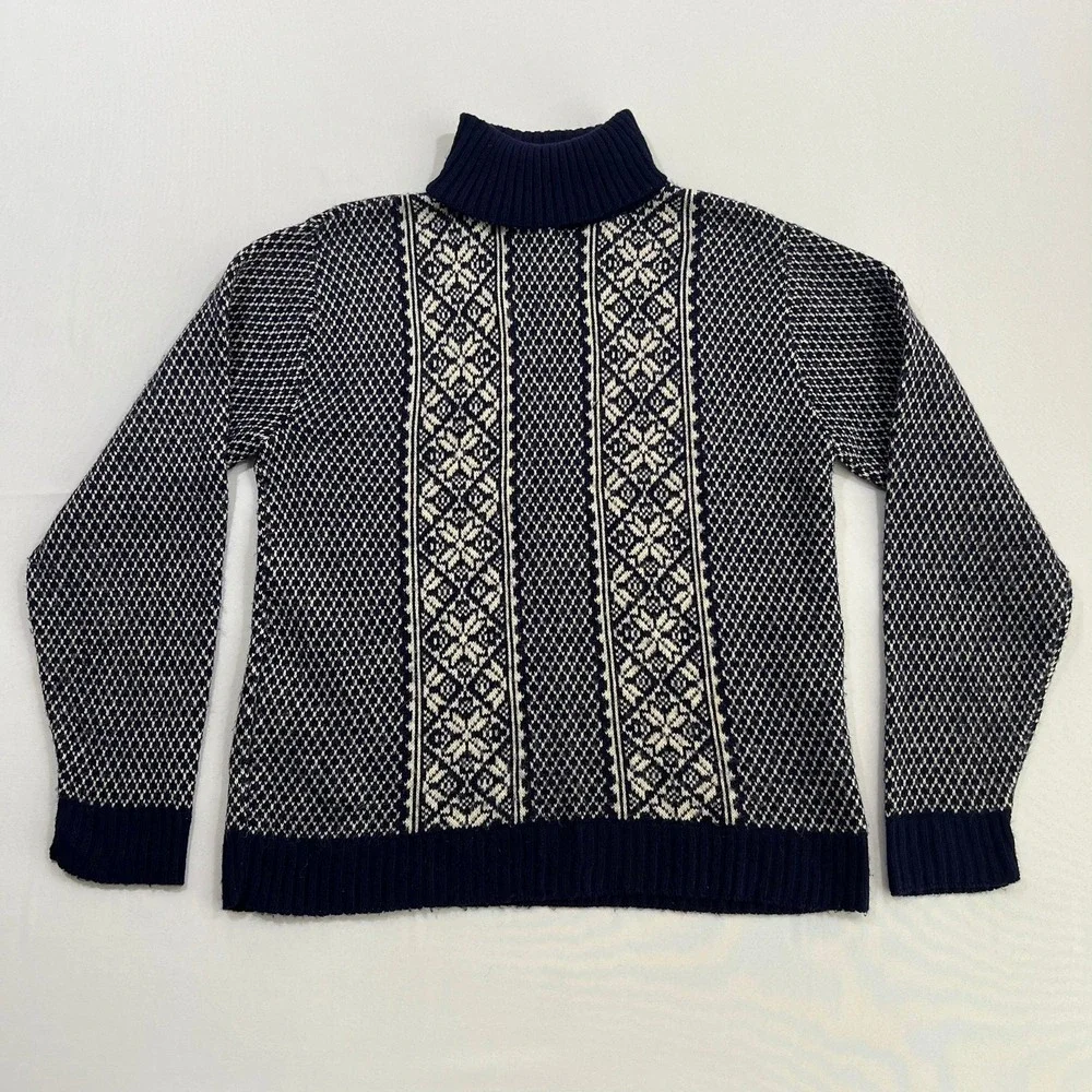Vtg Alps Knitmeister Fair Isle Sweater Mens L Navy White Snowflake Turtleneck - Picture 2 of 10